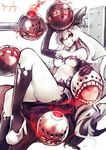  anchorage_hime black_legwear floating_fortress_(kantai_collection) high_heels kantai_collection kneehighs kyouya_(mukuro238) long_hair looking_at_viewer midriff navel open_mouth parted_lips red_eyes shinkaisei-kan sitting teeth tongue weapon white_hair white_skin 