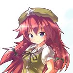 bad_id bad_pixiv_id beret blue_eyes blue_sky braid cloud collared_shirt hat hong_meiling long_hair looking_at_viewer neck_ribbon puffy_short_sleeves puffy_sleeves red_hair ribbon ryogo shirt short_sleeves sky smile solo star touhou twin_braids upper_body vest white_background 