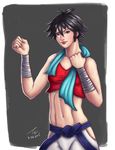 absurdres bad_id bad_pixiv_id black_hair breasts brown_eyes dougi highres lips makoto_(street_fighter) midriff navel nose short_hair small_breasts smile solo sports_bra street_fighter toned towel towel_around_neck wrist_wrap yu_(sgyu) 