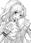  blush breasts cleavage drooling greyscale large_breasts licking liquid long_hair looking_at_viewer monochrome original ponytail ran'ou_(tamago_no_kimi) saliva sexually_suggestive shirt simple_background solo test_tube white_background 