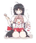  :d ahoge barefoot black_hair brown_hair flying_sweatdrops hachimaki headband japanese_clothes kantai_collection kenoka long_hair lowres multiple_girls open_mouth pleated_skirt short_hair short_sleeves shorts shouhou_(kantai_collection) simple_background sitting sitting_on_person skirt sleeves_past_wrists smile translated white_background younger zuihou_(kantai_collection) |_| 