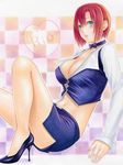  bad_id bad_pixiv_id blush bow bowtie breasts character_name cleavage colored_pencil croupier green_eyes juliejulie large_breasts miniskirt navel pencil pencil_skirt red_hair rio_rollins short_hair side_slit skirt solo super_blackjack traditional_media 