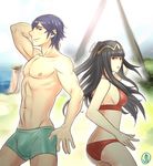  1girl abs absurdres ass bangs beach bikini black_hair blue_hair blunt_bangs breasts fire_emblem fire_emblem:_kakusei highres john_dimayuga krom long_hair medium_breasts muscle pale_skin red_bikini shorts sideboob swimsuit tharja two_side_up 