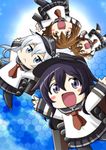  :&lt; :d akatsuki_(kantai_collection) anchor_symbol arms_up black_hair black_legwear blue_eyes blush brown_hair chibi fang flat_cap folded_ponytail hair_between_eyes hair_ornament hairclip harada_shoutarou hat hibiki_(kantai_collection) ikazuchi_(kantai_collection) inazuma_(kantai_collection) kantai_collection kneehighs long_hair long_sleeves multiple_girls neckerchief odd_one_out open_mouth pantyhose pleated_skirt ponytail purple_eyes school_uniform serafuku short_hair silver_hair skirt smile thighhighs 