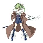  alternate_costume bare_shoulders detached_sleeves duel_monster green_eyes green_hair hair_ornament hair_ribbon highres kurenaitaro looking_at_viewer obi open_mouth ponytail ribbon sash simple_background skirt solo weapon white_background wynn yuu-gi-ou yuu-gi-ou_duel_monsters 