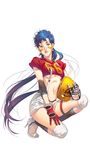  bandaid bishoujo_senshi_sailor_moon blue_eyes blue_hair breasts earrings full_body gloves hair_down hakari1909 hand_on_own_thigh helmet high_heels highres jewelry kneeling long_hair medium_breasts number parted_lips red_gloves rugby_uniform seiya_kou shoes shorts solo sportswear suspenders sweat underboob very_long_hair white_background white_footwear 