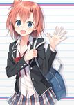  :d bag blue_eyes hair_bun hyuuga_azuri looking_at_viewer open_mouth outstretched_hand pink_hair school_bag school_uniform short_hair smile solo yahari_ore_no_seishun_lovecome_wa_machigatteiru. yuigahama_yui 