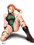  arm_support bad_id bad_pixiv_id beret blonde_hair blue_eyes bodypaint boots braid breasts cammy_white camouflage combat_boots covered_nipples fingerless_gloves gloves green_leotard hat highres jun_jun leotard lips long_hair medium_breasts nose one_knee parted_lips realistic scar solo spread_legs street_fighter taut_clothes taut_leotard thong_leotard turtleneck twin_braids 