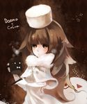  brown_hair cameo capelet cocoa_cookie cocoa_cookie_(cosplay) cookie_run cosplay cup deemo deemo_(character) expressionless fur girl_(deemo) hat lestored_cro look-alike looking_at_viewer mug personification solo winter_clothes yellow_eyes 