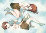  barefoot blue_eyes blush brown_hair fetal_position glasses holding_hands legs lying mizutamako multiple_girls on_side original partially_submerged pleated_skirt purple_eyes ripples school_uniform short_sleeves skirt water 