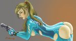  alvlaug ass bent_over blonde_hair blue_eyes bodysuit breasts gun handgun lips long_hair medium_breasts metroid mole mole_under_mouth no_bra no_panties nose pistol ponytail samus_aran sideboob skin_tight solo super_smash_bros. torn_bodysuit torn_clothes weapon zero_suit 