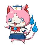  blue_skirt blush cat fangs flat_color full_body hat multiple_tails no_humans notched_ear official_art open_mouth pleated_skirt sailornyan school_uniform serafuku simple_background skirt standing tail two_tails white_background youkai youkai_watch 