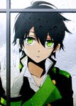  black_hair gloves green_eyes hand_on_window hyakuya_yuuichirou male_focus owari_no_seraph solo tsukimori_usako water_drop white_gloves window 