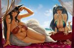  ahri bangle beach bikini black_hair bracelet breasts cleavage curtains day eu03 huge_breasts jewelry league_of_legends lips long_hair micro_bikini multiple_girls nail_polish navel smile sona_buvelle stitched swimsuit third-party_edit yellow_eyes 