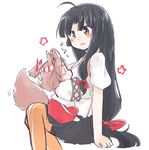  ahoge animal_ears black_hair black_skirt brown_hair closed_mouth fox_ears fox_tail hachimaki hair_ribbon headband japanese_clothes kantai_collection kemonomimi_mode kenoka long_hair low-tied_long_hair multiple_girls pleated_skirt ponytail red_ribbon ribbon short_ponytail short_sleeves shorts shouhou_(kantai_collection) simple_background sitting sitting_on_lap sitting_on_person skirt sleeves_past_wrists smile tail very_long_hair white_background younger zuihou_(kantai_collection) |_| 