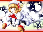  :o animal_costume between_legs blonde_hair dress fang hair_ribbon hand_between_legs highres horns mubii red_eyes ribbon rumia sheep_costume sheep_horns shirt short_hair solo touhou 