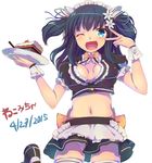  ;d blue_eyes breasts cake cleavage cleavage_cutout dated fang food green_hair highres holding long_hair maid maid_headdress medium_breasts midriff navel nekomicha one_eye_closed open_mouth original panties pantyshot parody plate rei_no_himo skirt smile solo thighhighs two_side_up underwear white_panties wrist_cuffs 