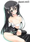  artist_name bare_shoulders black_hair black_legwear blush breast_hold breasts brown_eyes chikuma_(kantai_collection) cleavage inuzumi_masaki kantai_collection large_breasts long_hair looking_at_viewer no_panties off_shoulder open_mouth pelvic_curtain remodel_(kantai_collection) single_thighhigh sitting solo thighhighs undressing wariza white_background 
