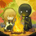  ^_^ brown_hair closed_eyes deemo deemo_(character) eating fire food forest girl_(deemo) happy highres maxcaffy nature pantyhose stick sweet_potato tree_stump 