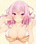 areolae bikini_top blush breasts cleavage fingernails heart heart-shaped_pupils heterochromia large_breasts mirei-san_(suterii) o-ring o-ring_top original pink_hair solo suterii symbol-shaped_pupils upper_body yellow_eyes 