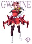  boots breasts capelet garter_straps gundam gwazine hair_ornament hair_over_shoulder hand_on_hip high_heel_boots high_heels highres ivuki large_breasts mecha_musume mobile_suit_gundam pink_eyes pink_hair smile solo thighhighs turret zeon 