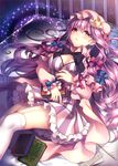  bed blue_eyes blush book breasts cleavage crescent garter_straps hat highres large_breasts long_hair looking_at_viewer lying masaru.jp on_back patchouli_knowledge pillow purple_eyes purple_hair solo thighhighs touhou white_legwear 