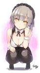  bare_shoulders black_legwear breasts cleavage detached_collar grey_hair hairband head_tilt large_breasts looking_at_viewer minoa_(lastswallow) no_shoes original pantyhose short_hair signature sleeveless solo tiptoes wrist_cuffs yellow_eyes 