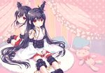  back-to-back black_hair detached_sleeves fusou_(kantai_collection) hair_ornament japanese_clothes kantai_collection long_hair multiple_girls nishimura_eri nontraditional_miko red_eyes short_hair stuffed_animal stuffed_bunny stuffed_toy very_long_hair yamashiro_(kantai_collection) younger 