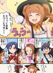  :d ^_^ amami_haruka antenna_hair blue_hair blush brown_eyes brown_hair catchphrase closed_eyes comic detached_sleeves earrings fang ganaha_hibiki halloween hat hiiringu hoop_earrings idolmaster idolmaster_(classic) jewelry kisaragi_chihaya minase_iori multiple_girls open_mouth profile puffy_detached_sleeves puffy_sleeves short_twintails smile takatsuki_yayoi translated trick_or_treat twintails v-shaped_eyebrows witch_hat 