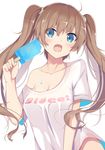  blue_eyes breasts brown_hair cleavage clothes_writing fang food koga_rejini medium_breasts off_shoulder open_mouth original popsicle shirt simple_background solo t-shirt twintails 