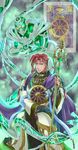  armband bracelet earrings headdress hierophant_green higami_akabane highres holding jewelry jojo_no_kimyou_na_bouken kakyouin_noriaki male_focus purple_eyes red_hair robe scar scar_across_eye staff stand_(jojo) tarot wheel wheel_of_fortune_(tarot_card) 