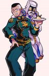  bad_id bad_pixiv_id belt black_hair chocoblood dessert disgust dollar_sign drooling food gakuran grey_hair holding holding_plate jojo_no_kimyou_na_bouken male_focus multicolored_hair nijimura_okuyasu plate pompadour school_uniform solo stand_(jojo) striped striped_background the_hand_(stand) two-tone_hair yen_sign 