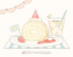  bad_pixiv_id bird cake commentary cup drinking_glass drinking_straw food fork fruit no_humans original plate r. simple_background strawberry swan swiss_roll whipped_cream white_background 