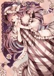  bad_id bad_pixiv_id blue_ribbon capelet covering_mouth crescent double_bun dress dutch_angle frilled_dress frilled_sleeves frills hair_ribbon hat hat_ribbon highres jitome long_hair looking_at_viewer mob_cap patchouli_knowledge purple_eyes purple_hair red_ribbon ribbon sepia solo touhou tress_ribbon very_long_hair wiriam07 
