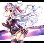  amatsukaze_(kantai_collection) ass black_panties brown_eyes dress dress_lift from_behind hair_tubes headgear kantai_collection letterboxed long_hair looking_at_viewer looking_back nanamomo_rio panties paper_airplane red_legwear sailor_collar sailor_dress silver_hair solo striped striped_legwear thighhighs two_side_up underwear 