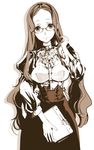  book breasts brown brown_hair dress_shirt endou_okito glasses holding holding_book long_hair long_skirt long_sleeves medium_breasts original puffy_long_sleeves puffy_sleeves shirt silhouette silver_eyes skirt smile solo spot_color taut_clothes taut_shirt teacher 