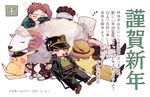  chibi cigarette closed_eyes dog gakuran gen_1_pokemon green_eyes halu-ca hat iggy_(jojo) jean_pierre_polnareff jojo_no_kimyou_na_bouken joseph_joestar kakyouin_noriaki kuujou_joutarou mohammed_avdol multiple_boys new_year nose_bubble pikachu pokemon pokemon_(creature) school_uniform sheep sleeping smoking translated zzz 