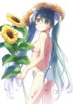  1girl aqua_eyes aqua_hair ass back bikini body_writing breasts character_name chiigo flower hair_between_eyes hair_ribbon halterneck hat hatsune_miku long_hair looking_at_viewer looking_back ribbon side-tie_bikini sideboob simple_background small_breasts solo straw_hat sun_hat sunflower swimsuit very_long_hair vocaloid white_background white_bikini white_ribbon 