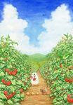  bear bird blue_sky bow bowtie cloud colored_pencil_(medium) commentary_request day duck duckling highres no_humans original outdoors sky st.kuma tomato traditional_media walking watercolor_(medium) 