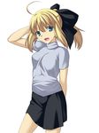  ahoge artoria_pendragon_(all) blonde_hair blush casual fate/stay_night fate_(series) green_eyes long_sleeves looking_at_viewer saber skirt skylader smile solo 