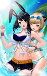  animal_ears bad_id bad_pixiv_id blonde_hair blue_eyes blue_hair breast_grab breasts bunny_ears cat_ears curly_hair day denim denim_shorts flat_chest front-tie_top grabbing large_breasts looking_at_another midriff multiple_girls ocean one_eye_closed original partially_submerged phonic short_hair shorts sunlight water 