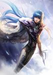  aquarius_camus blue_hair cape fooltown long_hair male_focus purple_eyes saint_seiya solo sword weapon 