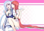  black_bra blue_eyes blush bow bra braid breasts cleavage ear_licking hair_bow hair_ribbon hakomaru_(pandora_box) highres hong_meiling izayoi_sakuya large_breasts licking long_hair multiple_girls ribbon thighhighs thighs touhou twin_braids unbuttoned underwear very_long_hair wrist_grab yuri 