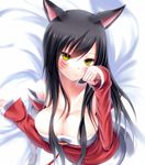  ahri animal_ears black_hair breasts cleavage collarbone detached_sleeves fox_ears fox_tail kiseno korean_clothes large_breasts league_of_legends long_hair looking_at_viewer multiple_tails paw_pose smile solo tail whisker_markings yellow_eyes 
