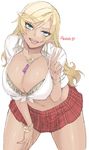  angelo_(gomahangetsu) between_breasts blonde_hair blue_eyes bra bracelet breasts character_name cleavage condom dark_skin huge_breasts jewelry jk_bitch_sannin_musume! leaning_forward microskirt midriff naughty_face navel necklace oekaki open_mouth plaid plaid_skirt pleated_skirt sasamori_anna school_uniform shirt skirt solo tan thighs tied_shirt tongue tongue_out underwear v white_background 