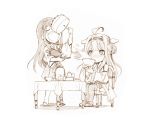  2girls :d ahoge akagi_(kantai_collection) bare_shoulders blush boots cake chair cup detached_sleeves double_bun eyes_closed food gekka_kaguya_(urabata) graphite_(medium) hairband hakama_skirt headgear holding holding_plate japanese_clothes kantai_collection kongou_(kantai_collection) long_hair multiple_girls nontraditional_miko open_mouth plate ribbon-trimmed_sleeves ribbon_trim sitting smile spit_take spitting table teacup teapot teeth thigh_boots thighhighs traditional_media 