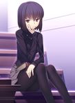  black_eyes black_legwear book book_on_lap chin_rest jewelry kuonji_alice looking_at_viewer mahou_tsukai_no_yoru necklace pantyhose short_hair sitting sitting_on_stairs skirt solo stairs yangsion 