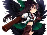  :/ arm_cannon bird_wings black_hair blouse boots bow folded_leg frilled_skirt frills gloves hair_bow head_tilt highres long_hair looking_at_viewer mikomo0106 red_eyes reiuji_utsuho short_sleeves single_glove skirt solo third_eye touhou transparent_background weapon wings 