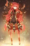  bodysuit covered_navel elbow_gloves fire flame full_body gen_3_pokemon gloves groudon hair_ornament hand_to_own_mouth long_hair looking_at_viewer mx2j_(nsh6394) personification pokemon red_gloves red_hair sidelocks solo very_long_hair yellow_eyes 