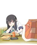  arm_support bad_id bad_pixiv_id black_hair bottle chips eating food fruit handheld_game_console hatsuyuki_(kantai_collection) highres kantai_collection kotatsu long_hair mandarin_orange mouth_hold playstation_portable plhsxf potato_chips red_eyes solo table 
